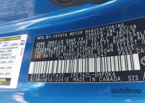 2009 Toyota Corolla Matrix z USA, uszkodzony, nr VIN 2T1KU40E39C006247